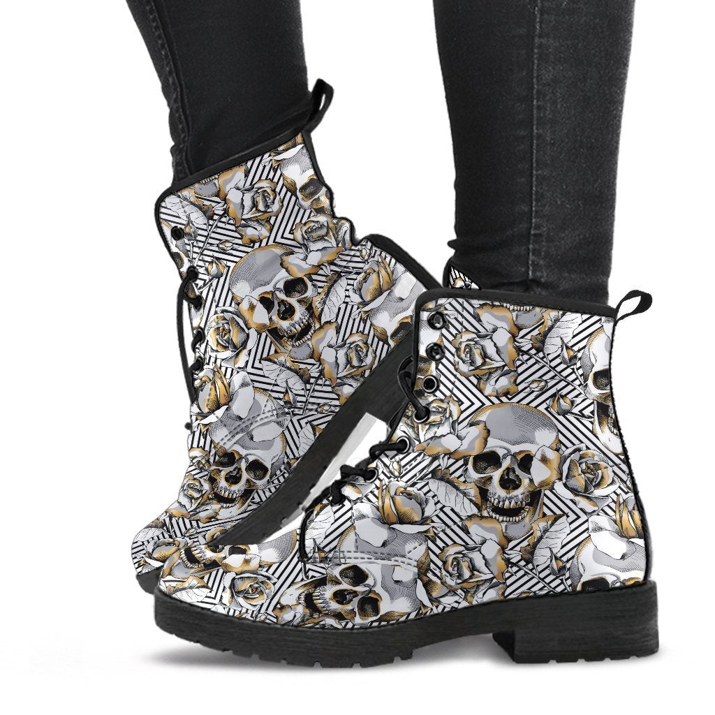 Combat Boots - Gray Skulls | Vegan Leather Lace Up Boots 