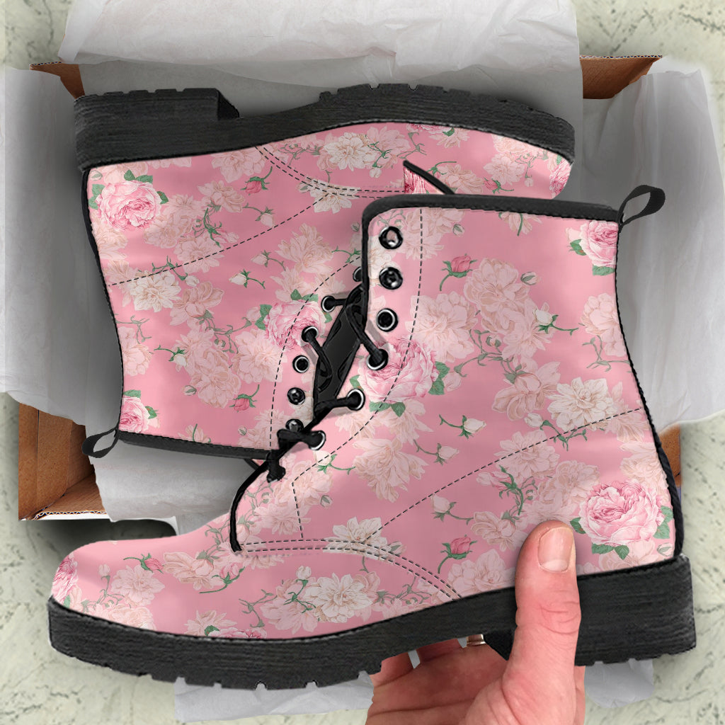 Combat Boots - Lovely Flowers #102 Pink | Vegan Leather