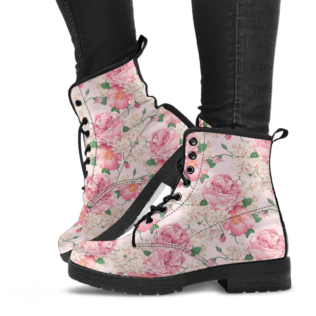 Combat Boots - Lovely Flowers #103 Pink | Vegan Leather