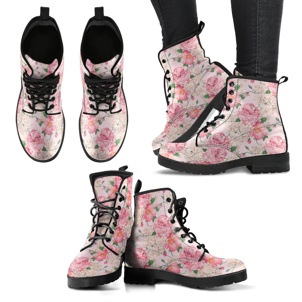 Combat Boots - Lovely Flowers #103 Pink | Vegan Leather