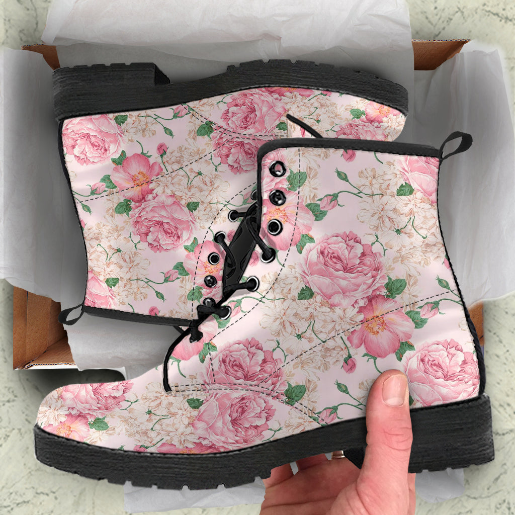 Combat Boots - Lovely Flowers #103 Pink | Vegan Leather
