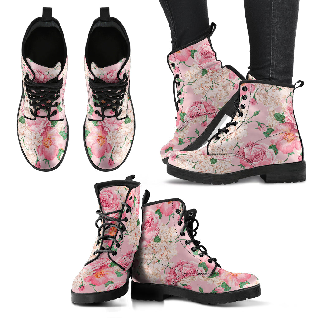 Combat Boots - Lovely Flowers #104 Pink | Vegan Leather