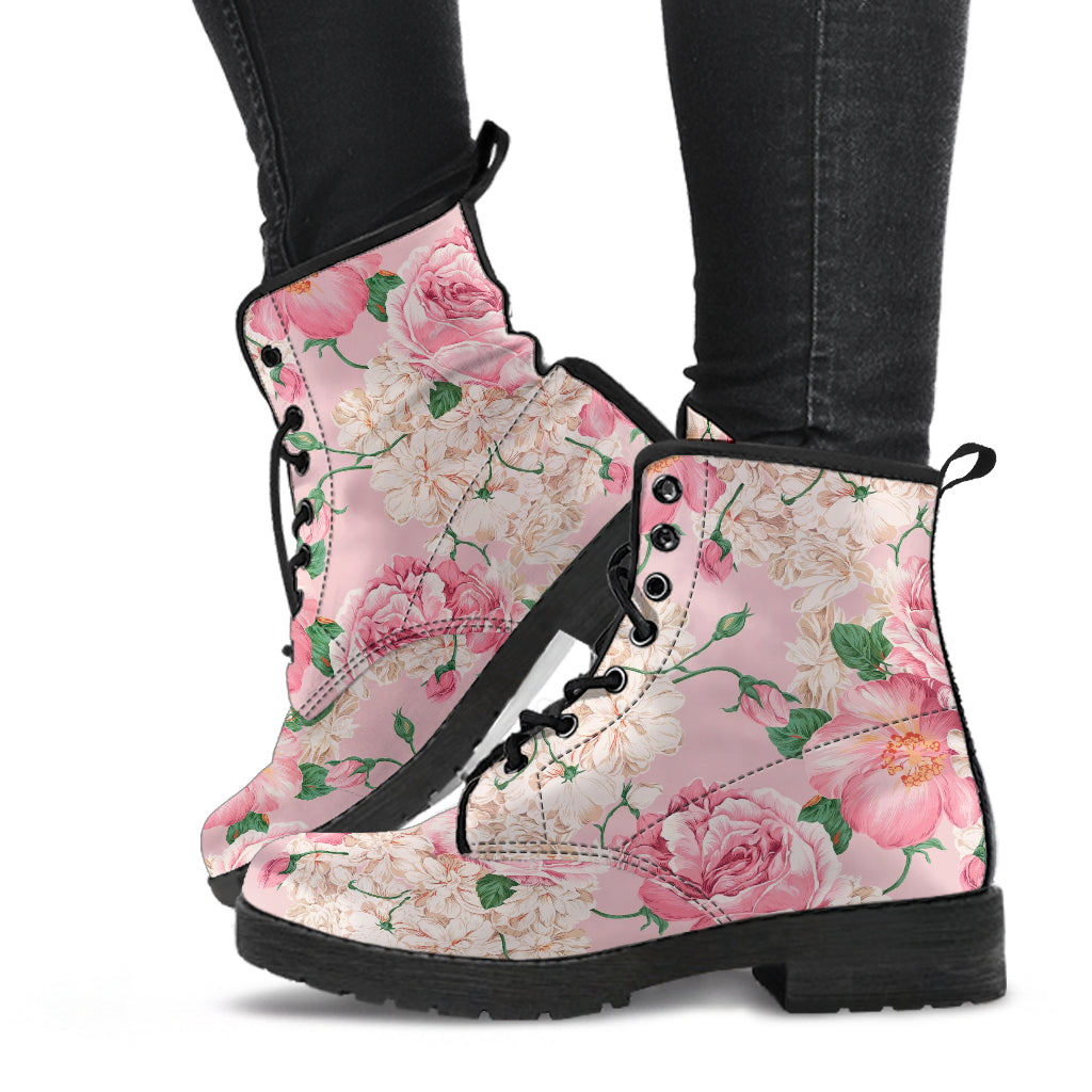 Combat Boots - Lovely Flowers #104 Pink | Vegan Leather