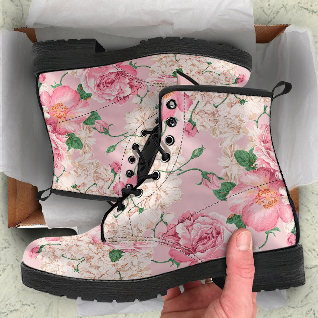 Combat Boots - Lovely Flowers #104 Pink | Vegan Leather