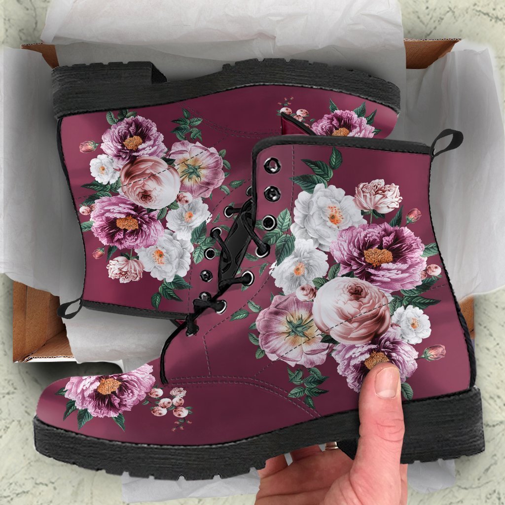 Combat Boots - Pink & White Flowers (Mauve) | Custom Shoes 