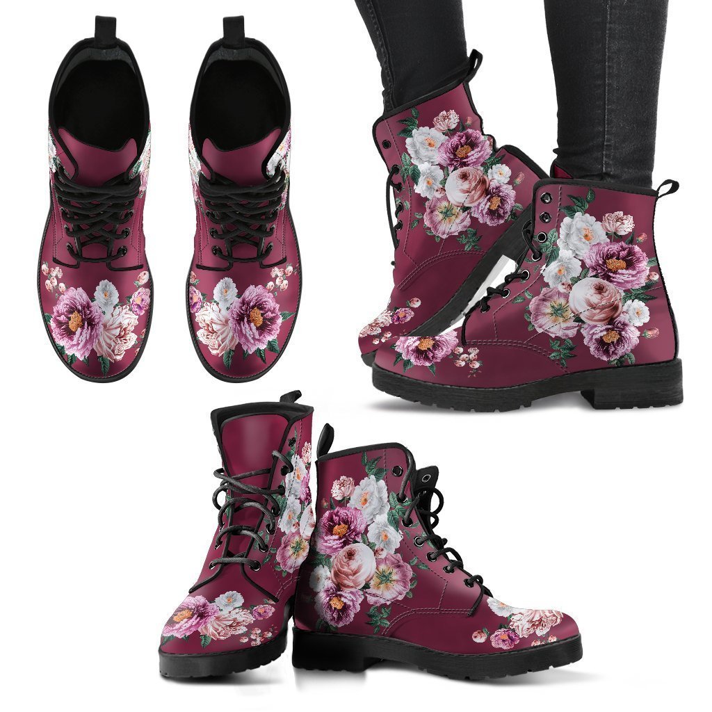 Combat Boots - Pink & White Flowers (Mauve) | Custom Shoes 