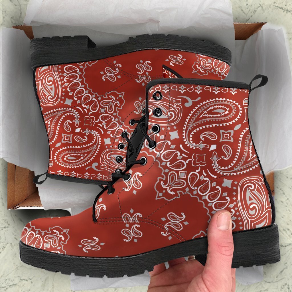 Combat Boots - Red Paisley Design | Red Boots Boho Shoes 