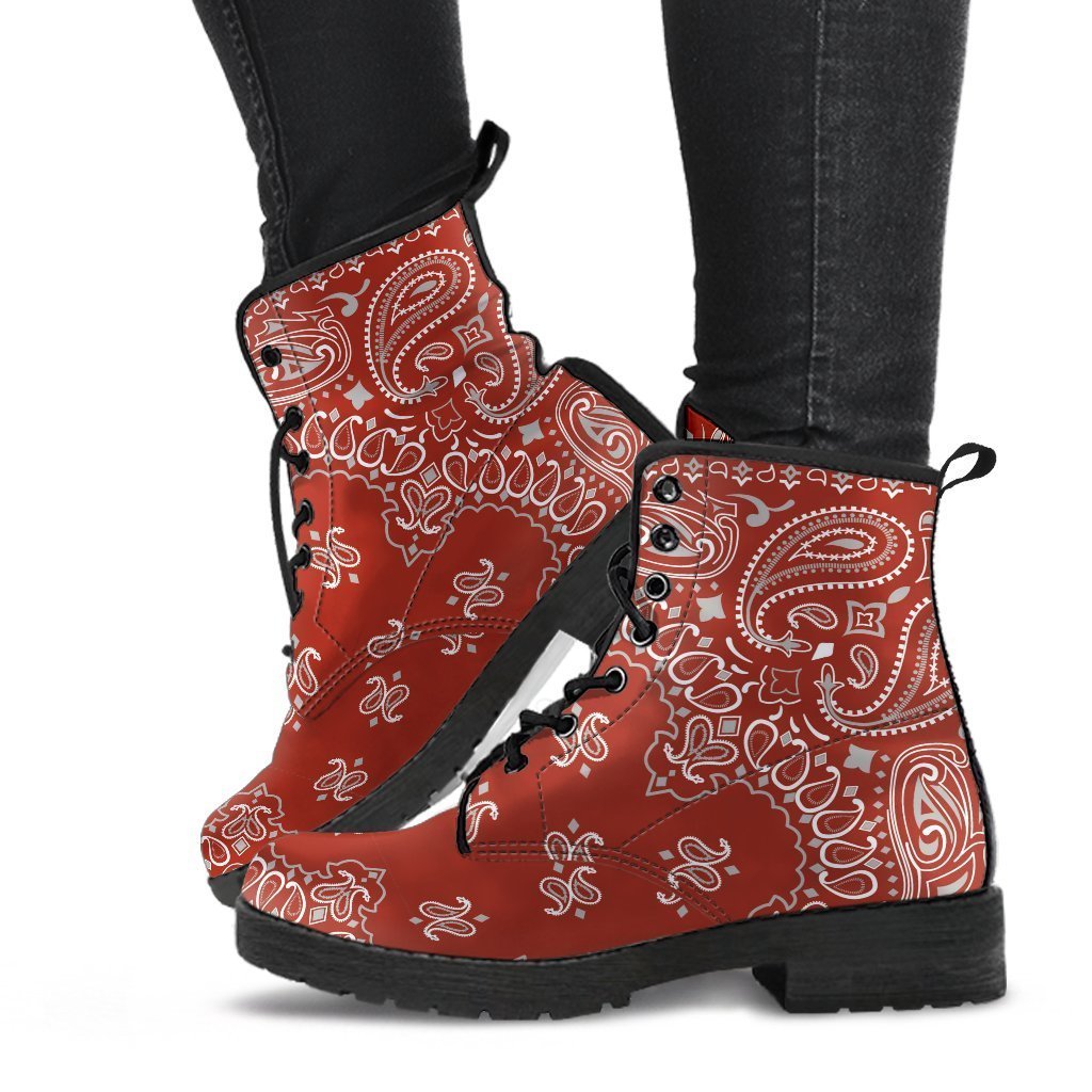 Combat Boots - Red Paisley Design | Red Boots Boho Shoes 