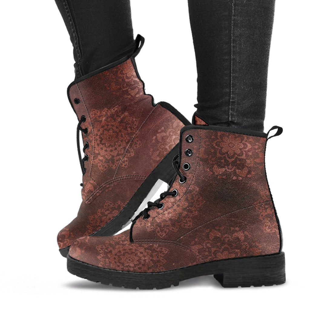 Combat Boots - Rugged Look Brown Mandala Boots | Brown Lace