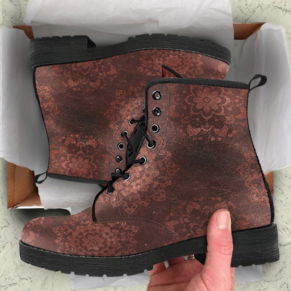 Combat Boots - Rugged Look Brown Mandala Boots | Brown Lace