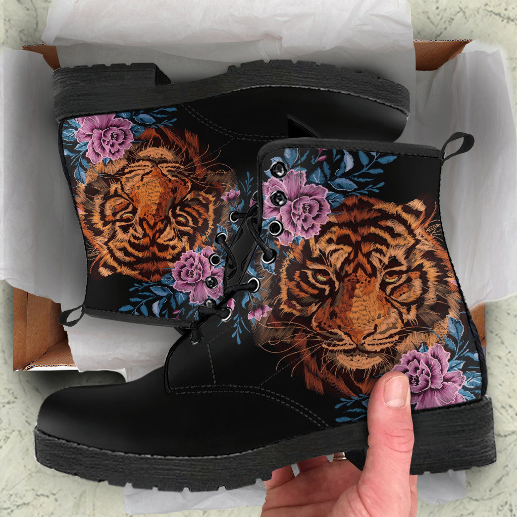 Combat Boots - Tiger & Flowers #1 | Women’s Black Hipster