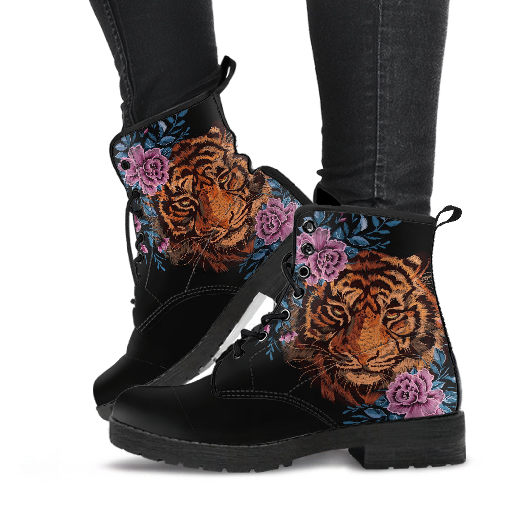 Combat Boots - Tiger & Flowers #1 | Women’s Black Hipster