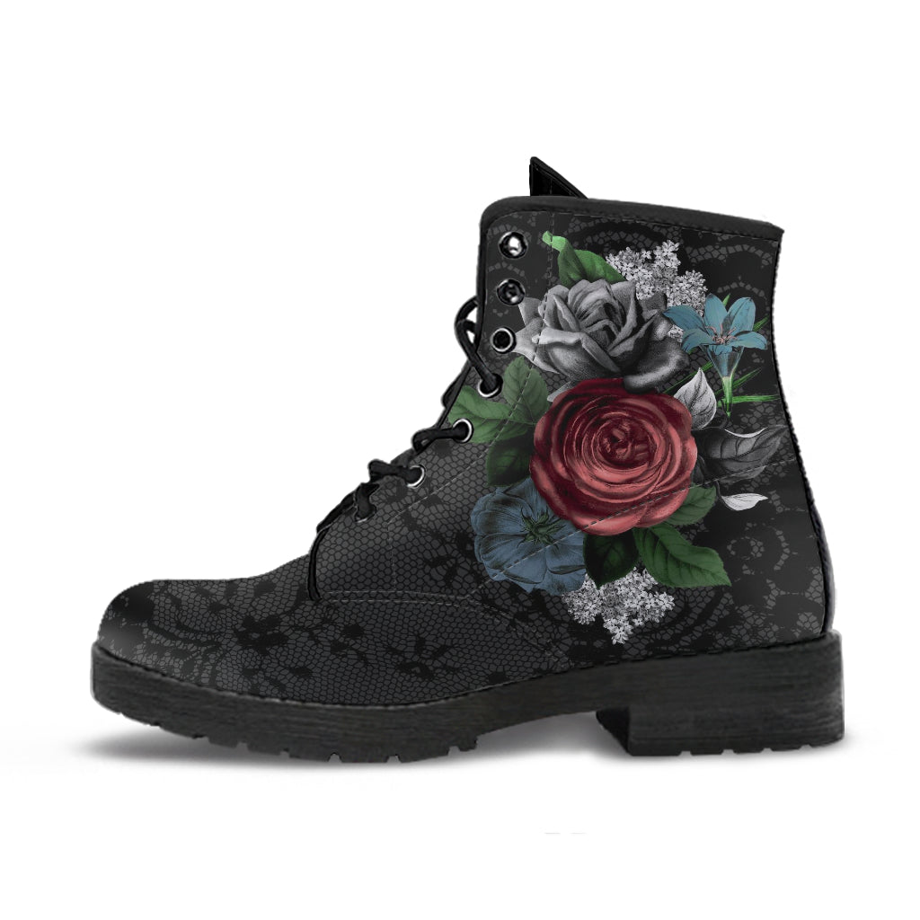 Combat Boots - Vintage Flowers with Black Lace Print
