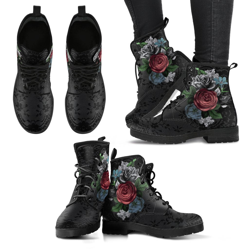Combat Boots - Vintage Flowers with Black Lace Print