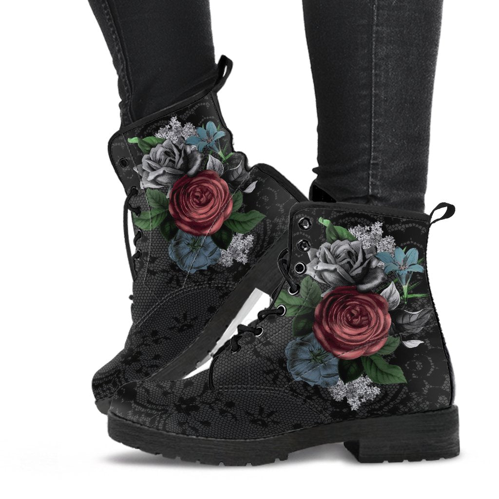 Combat Boots - Vintage Flowers with Black Lace Print