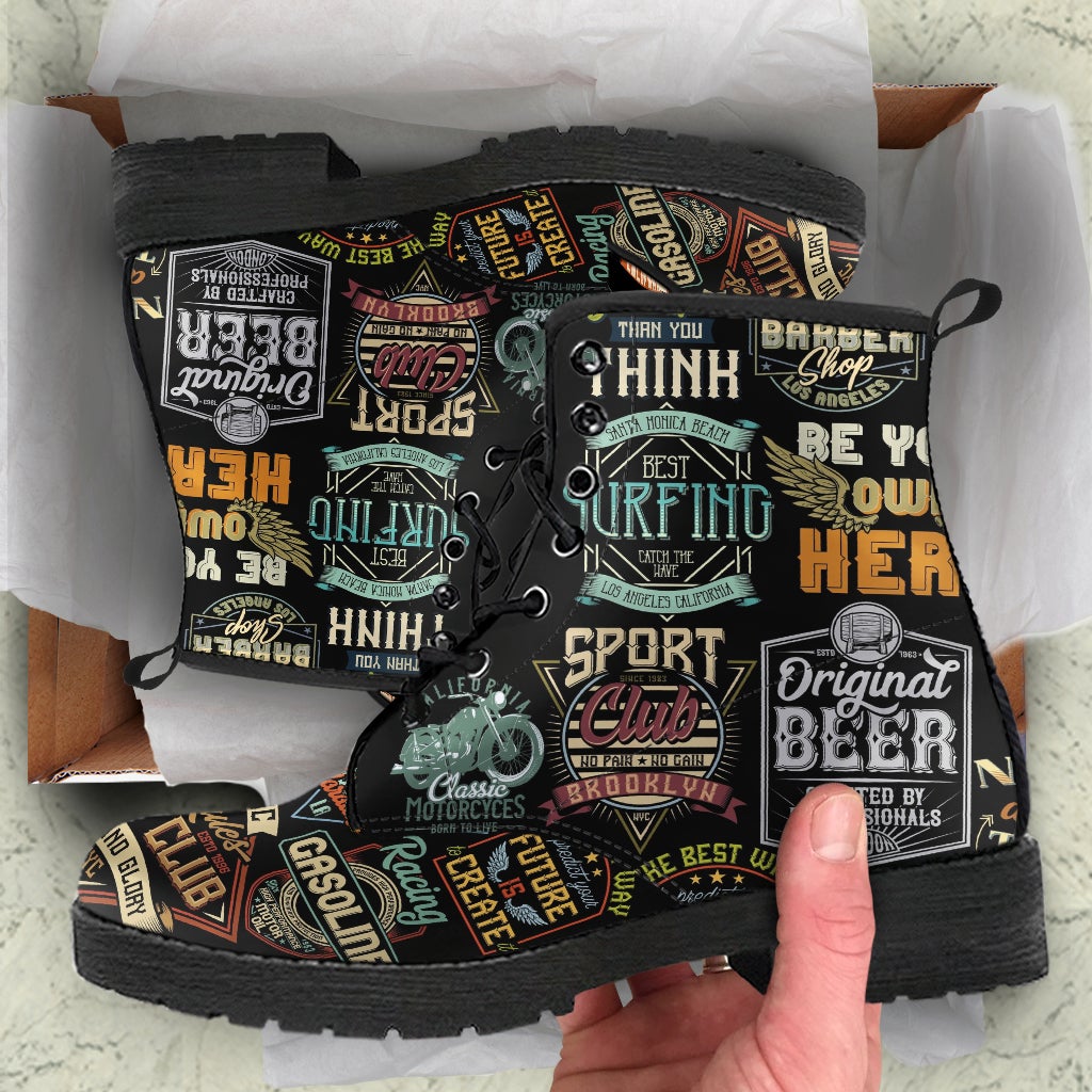 Combat Boots-Vintage Labels Custom Shoes Vegan Leather