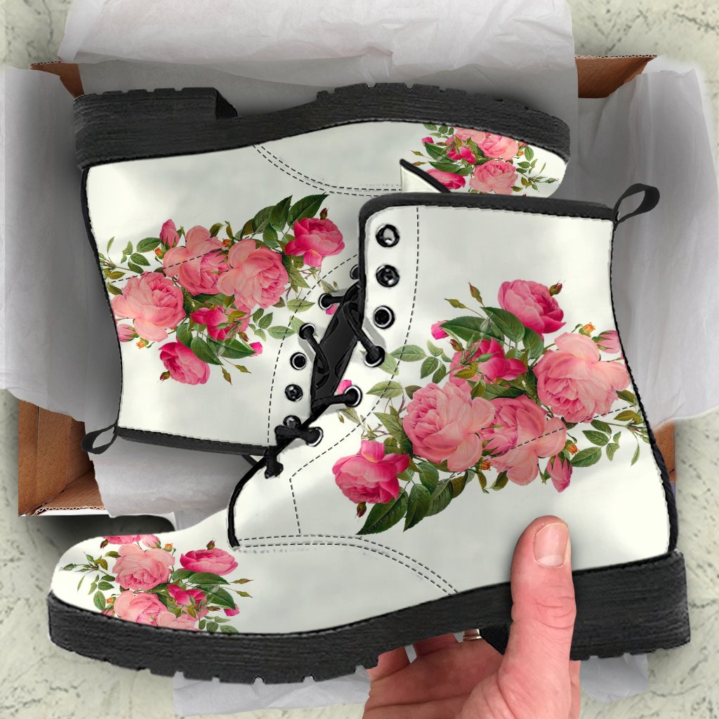 Combat Boots - Vintage Roses (Ivory) | Vegan Leather Lace Up