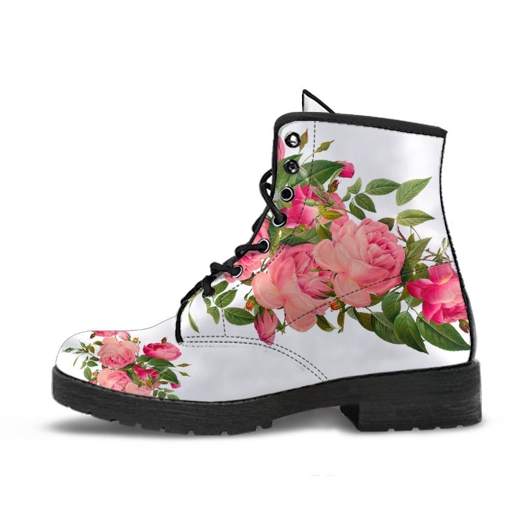 Combat Boots - Vintage Roses (White) | Vegan Leather Lace