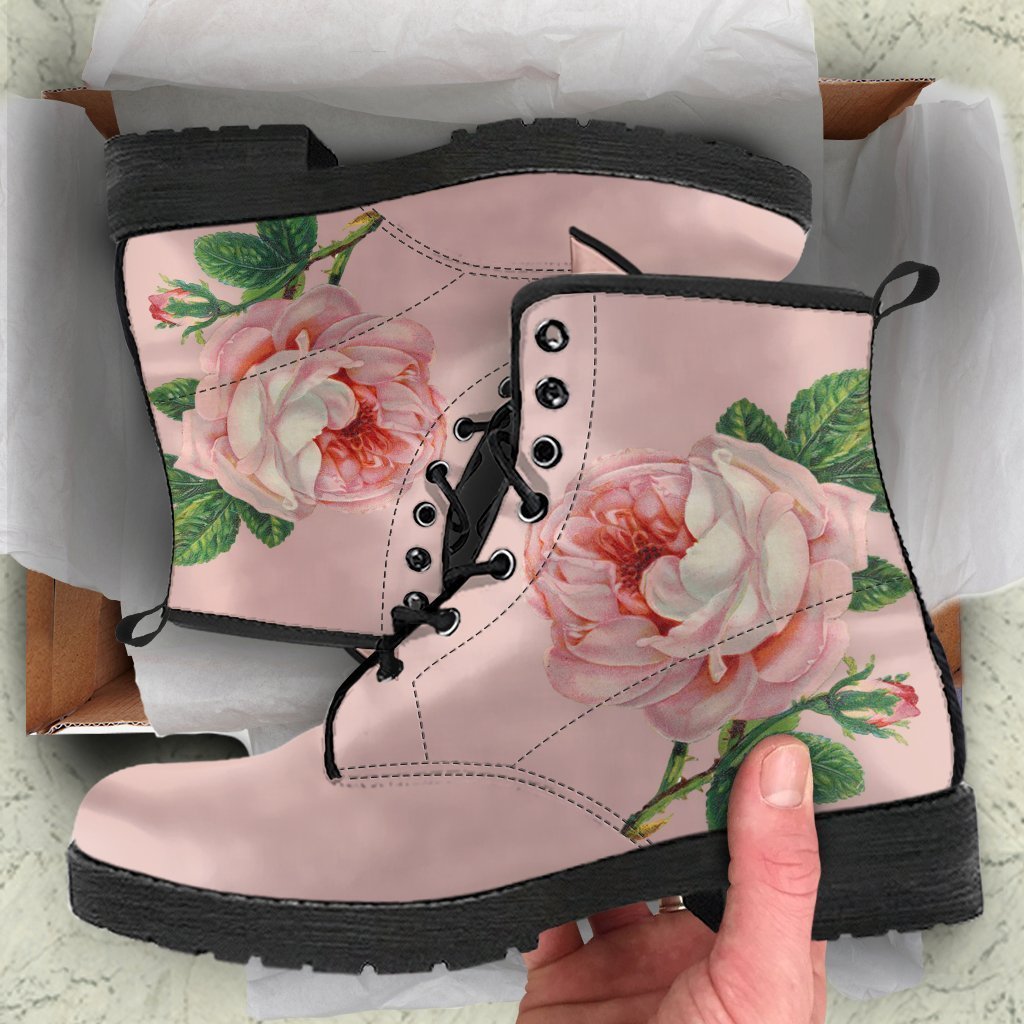 Combat Boots-Vintage Style Pink Roses Boho Shoes | ACES