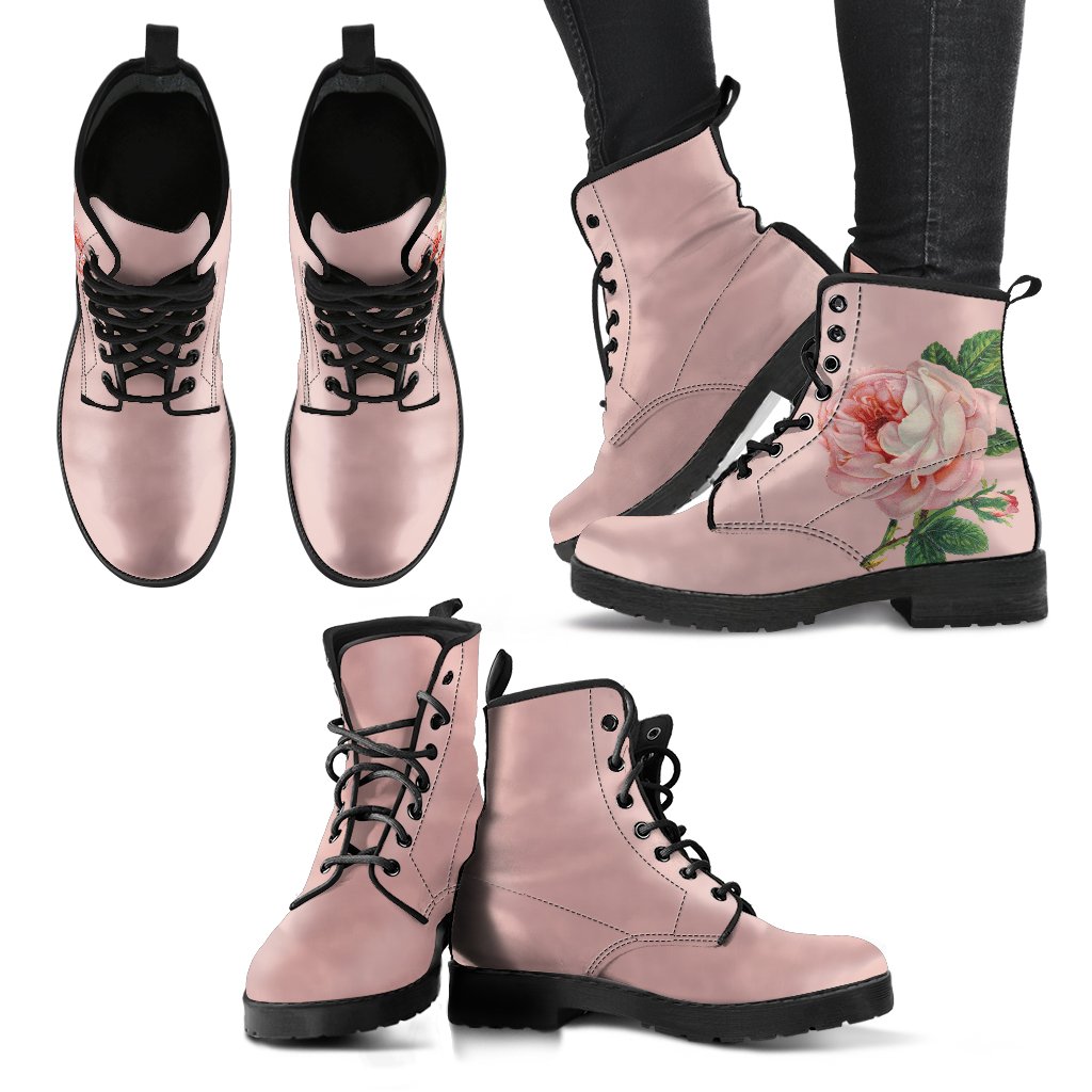 Combat Boots-Vintage Style Pink Roses Boho Shoes | ACES