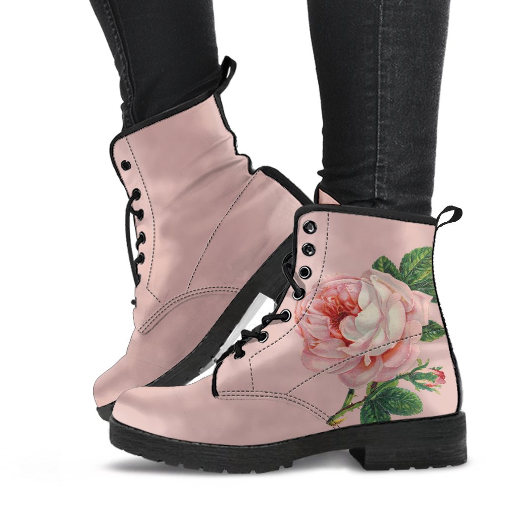 Combat Boots-Vintage Style Pink Roses Boho Shoes | ACES