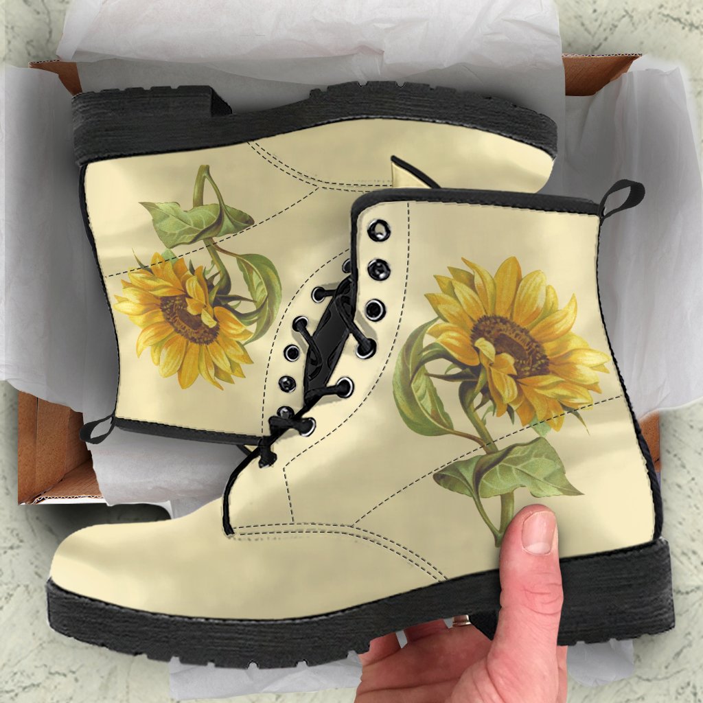 Combat Boots - Vintage Style Sunflower Shoes | Vegan Leather