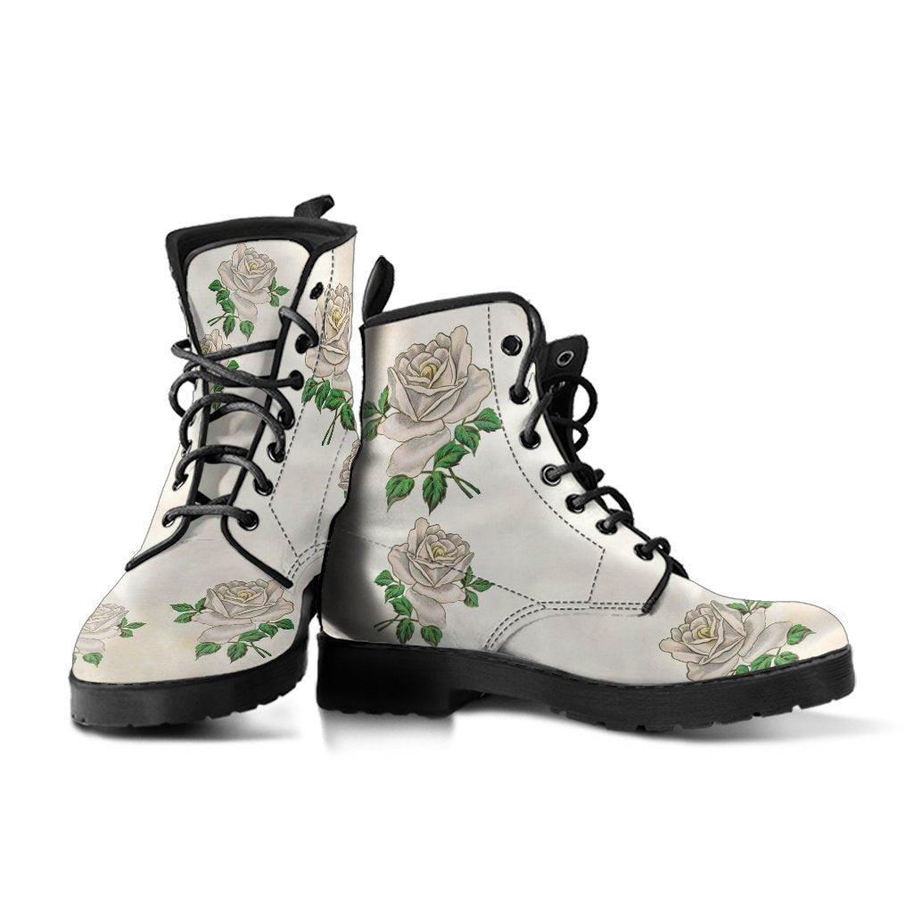 Combat Boots - Vintage Style White Roses | Vegan Leather 