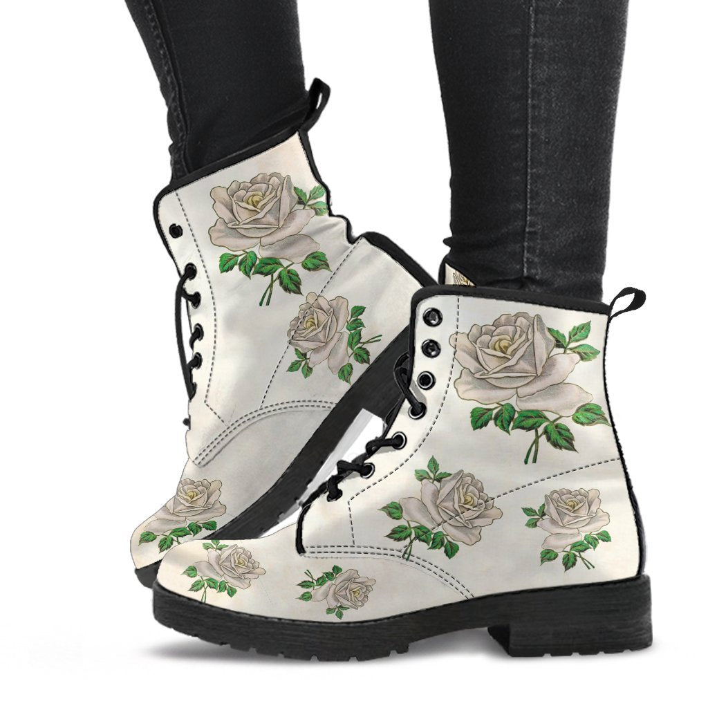 Combat Boots - Vintage Style White Roses | Vegan Leather 