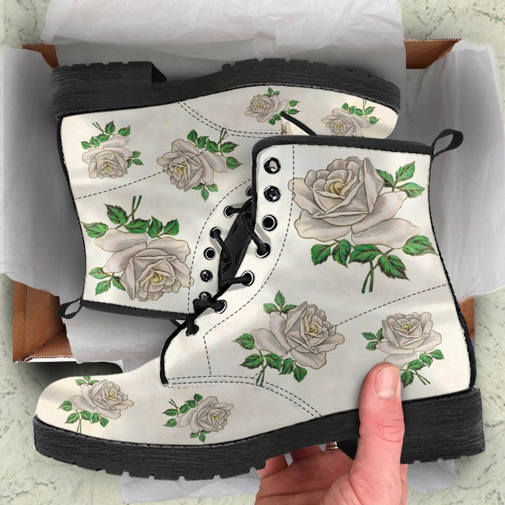 Combat Boots - Vintage Style White Roses | Vegan Leather 