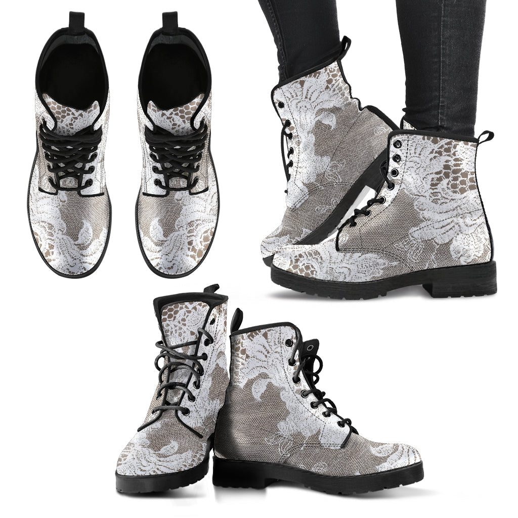 Combat Boots - White Lace Print #107 | Women’s Boots Custom