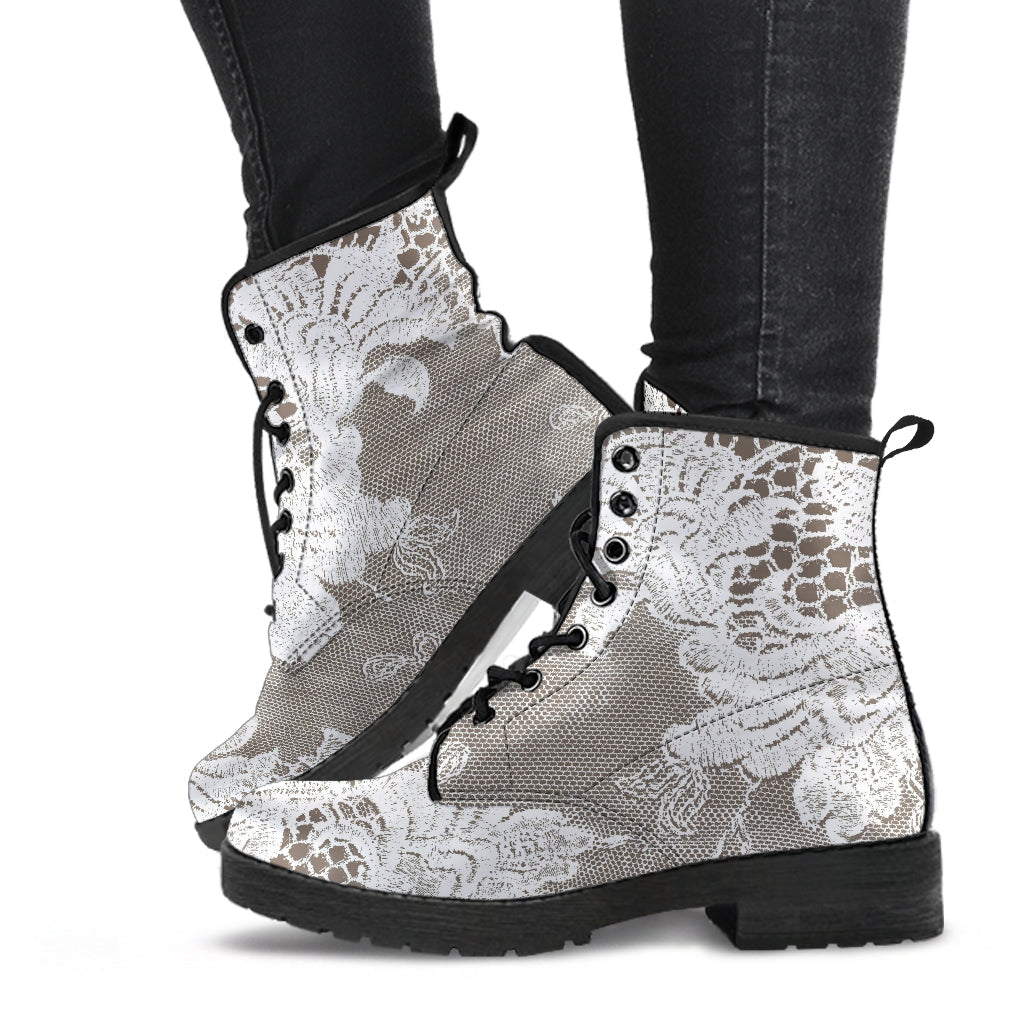 Combat Boots - White Lace Print #107 | Women’s Boots Custom