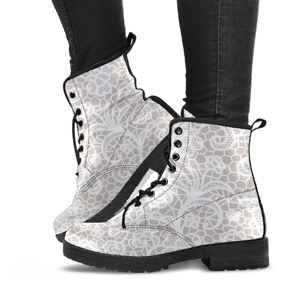 Combat Boots - White Lace Print #110 | Women’s Boots Custom