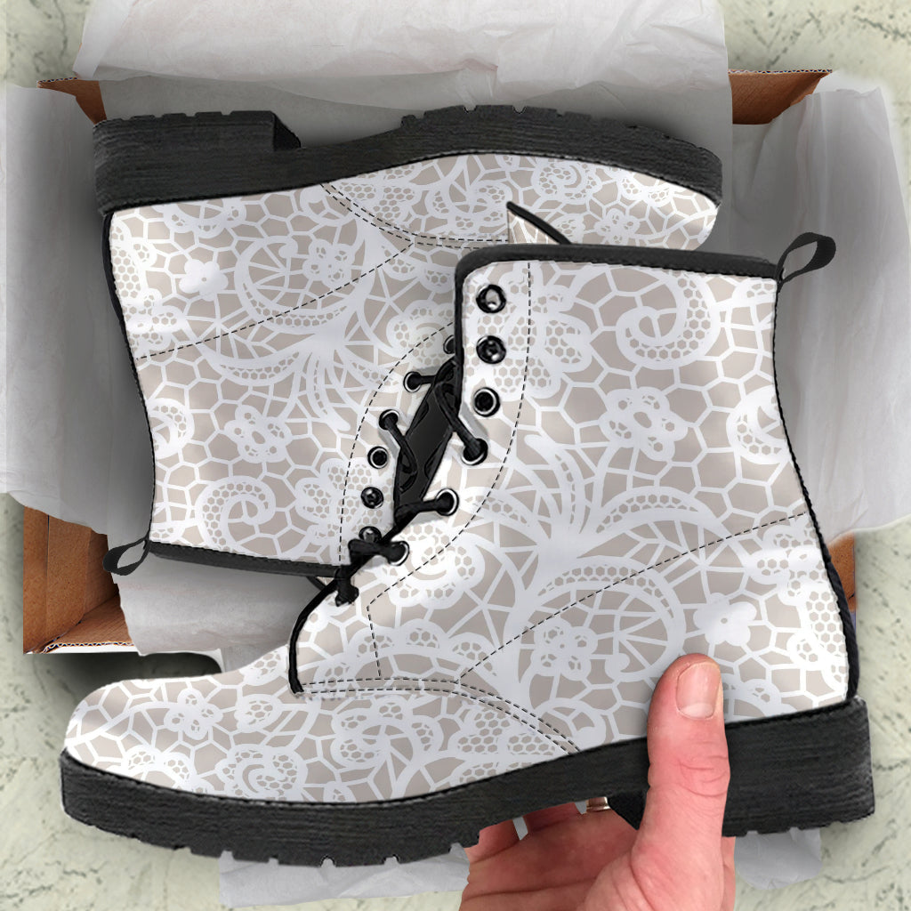 Combat Boots - White Lace Print #110 | Women’s Boots Custom