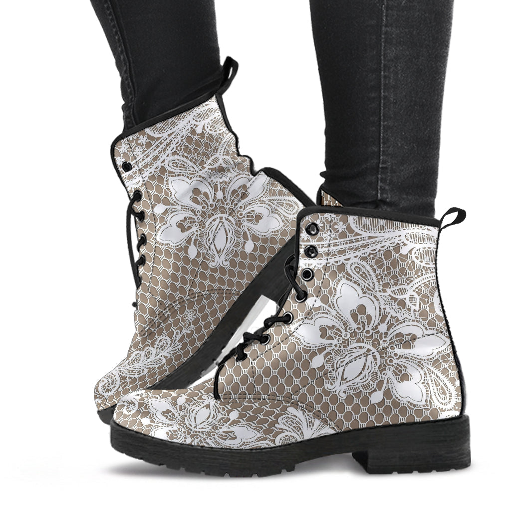Combat Boots - White Lace Print #301B | Women’s Boots
