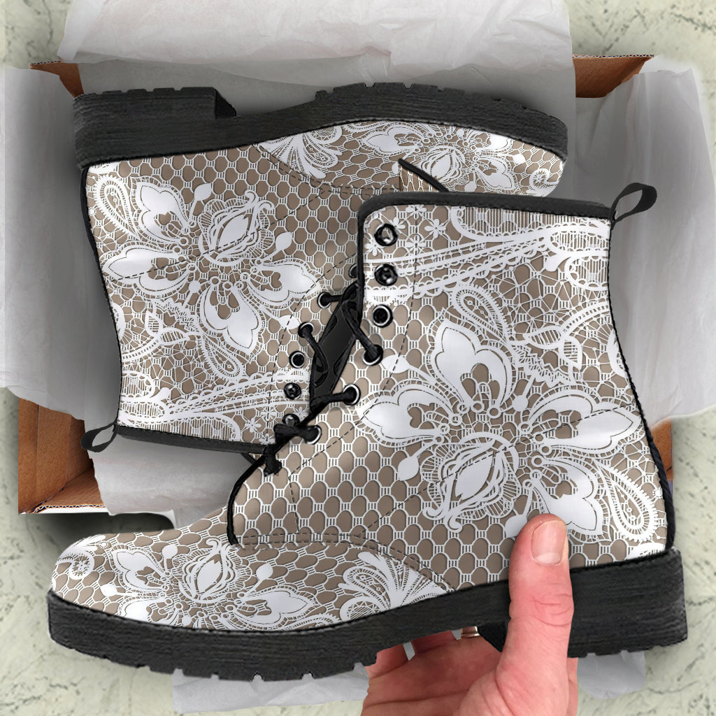 Combat Boots - White Lace Print #301B | Women’s Boots