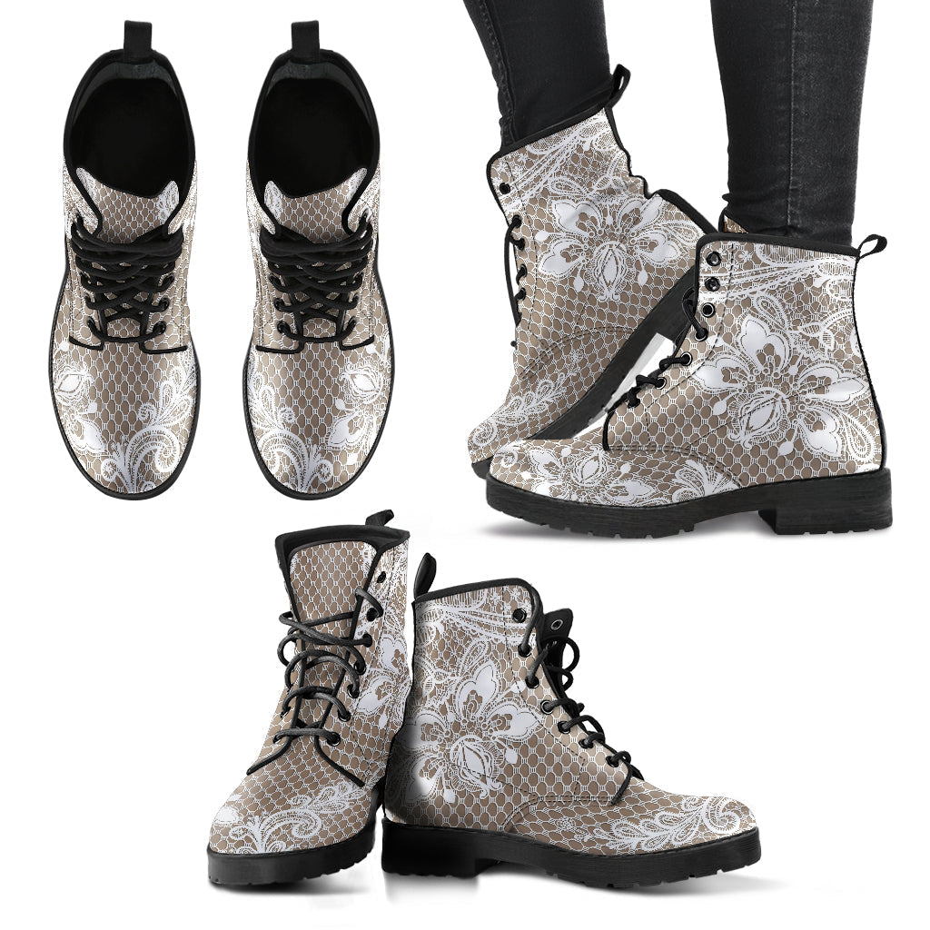 Combat Boots - White Lace Print #301B | Women’s Boots
