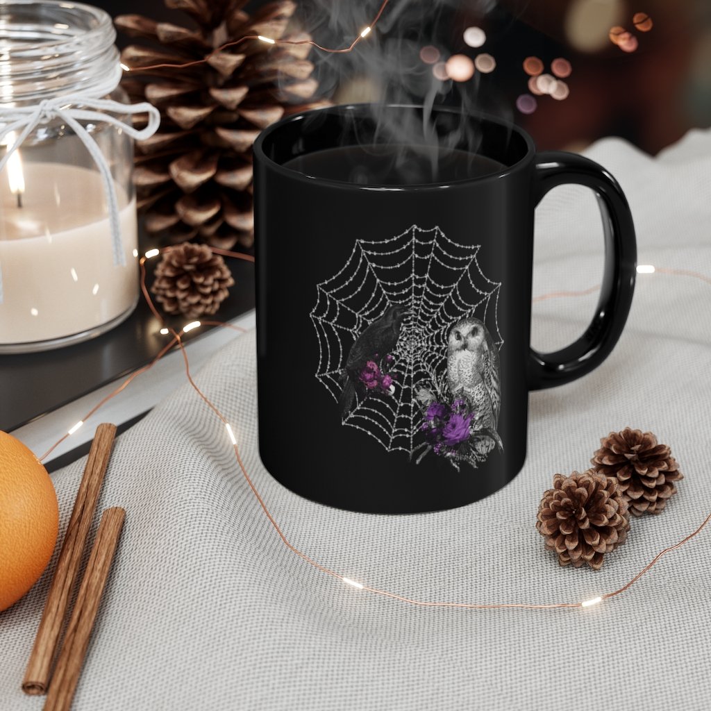 Custom Mug 11oz - Goth Mug Raven and Owl with Spiderweb Dark