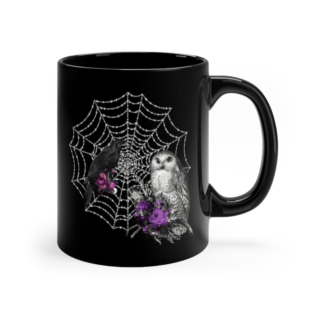 Custom Mug 11oz - Goth Mug Raven and Owl with Spiderweb Dark
