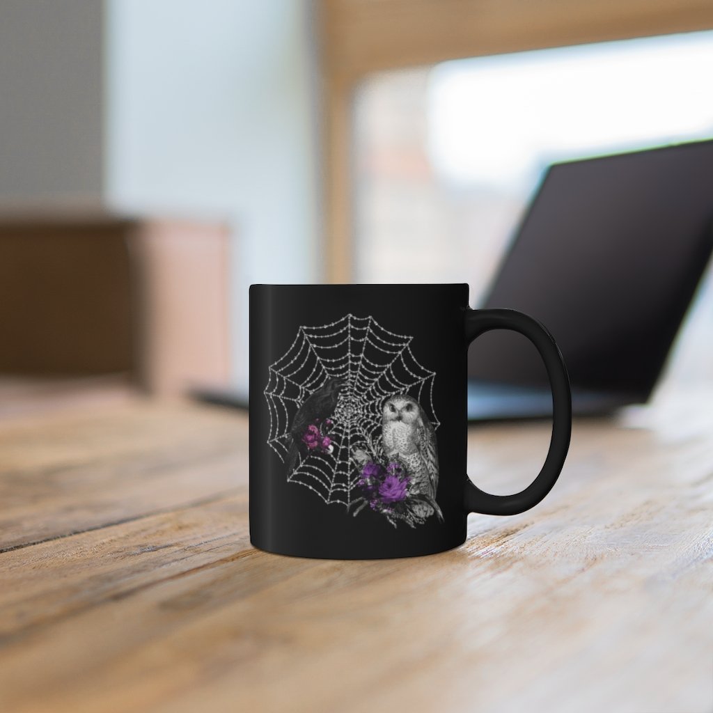 Custom Mug 11oz - Goth Mug Raven and Owl with Spiderweb Dark
