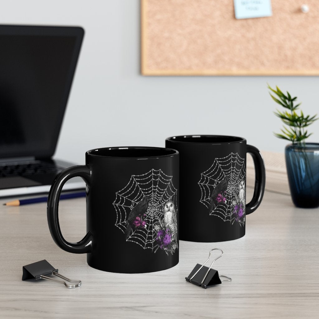 Custom Mug 11oz - Goth Mug Raven and Owl with Spiderweb Dark