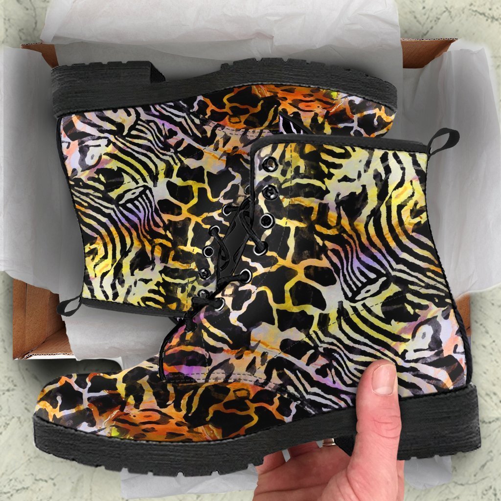 Fashion Combat Boots - Distressed Animal Print #101 | Vegan 