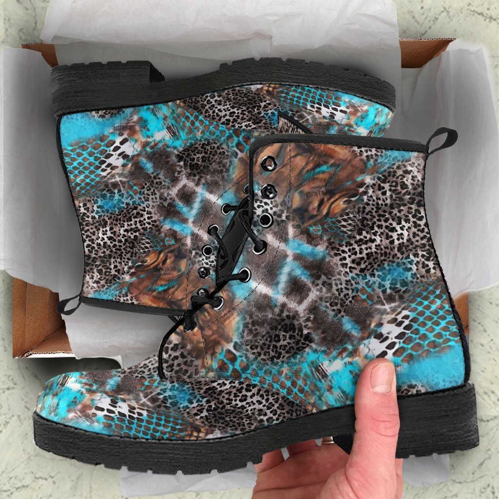 Fashion Combat Boots - Distressed Animal Print #104 | Vegan 