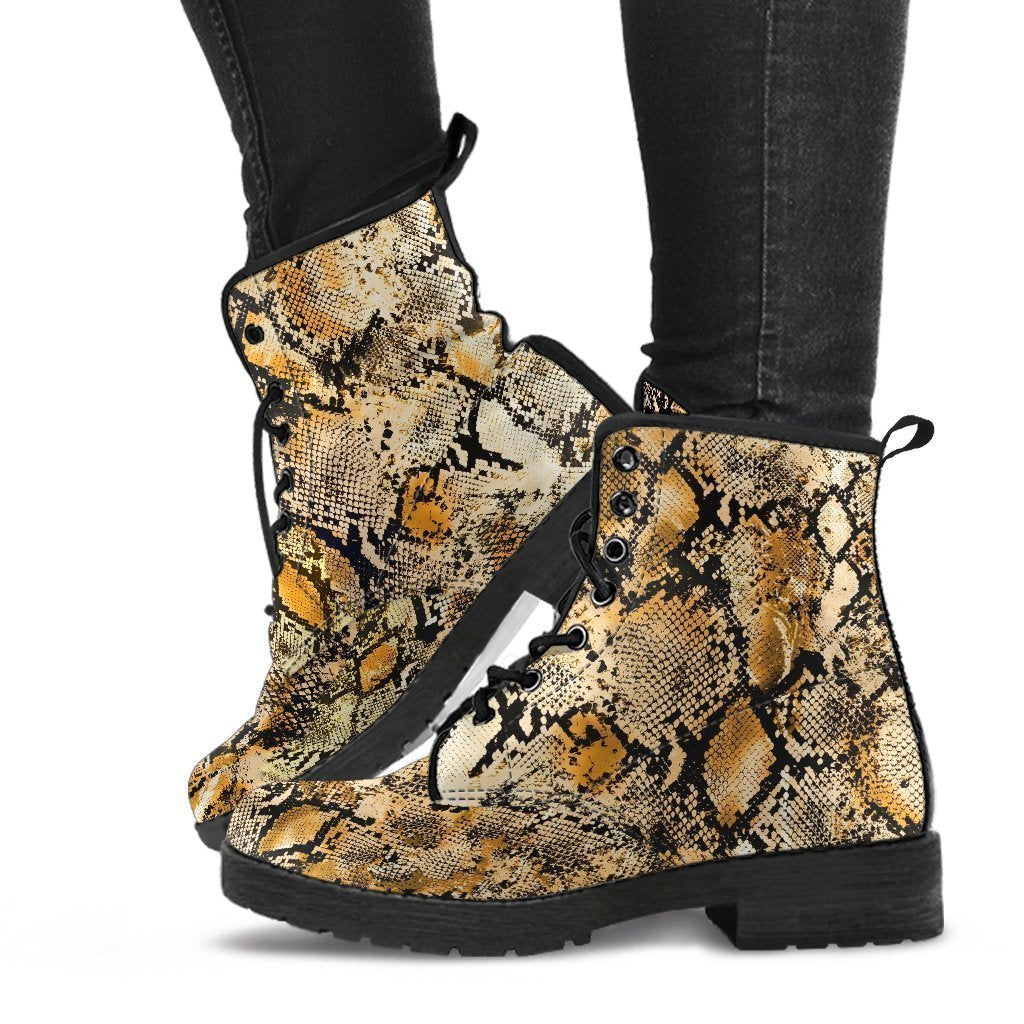 Fashion Combat Boots - Vintage Look Distressed Snake Skin 