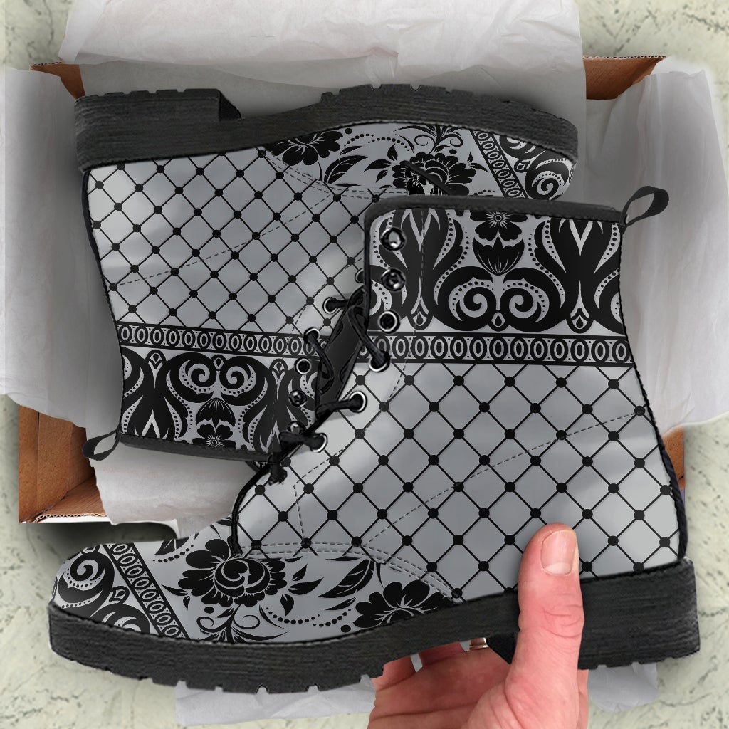 Gray Combat Boots-Gothic Lace Print 110 | ACES INFINITY