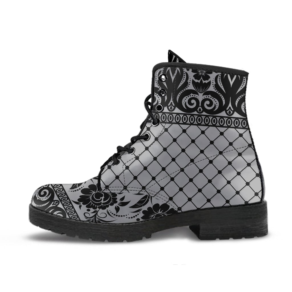 Gray Combat Boots-Gothic Lace Print 110 | ACES INFINITY