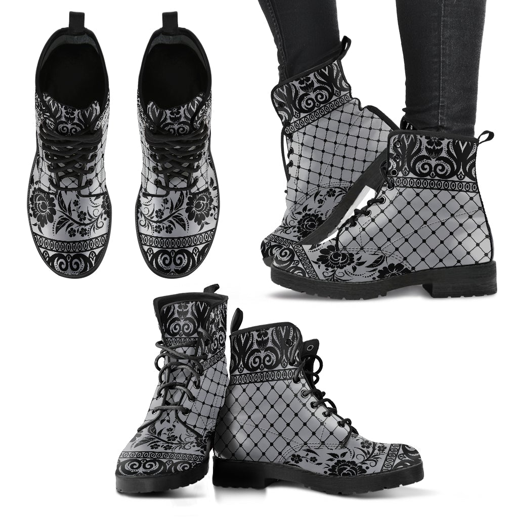 Gray Combat Boots-Gothic Lace Print 110 | ACES INFINITY