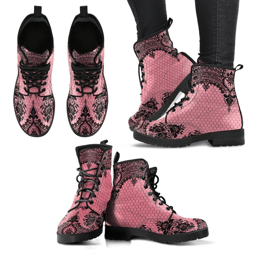 Pink Combat Boots-Gothic Lace Print 109 | ACES INFINITY