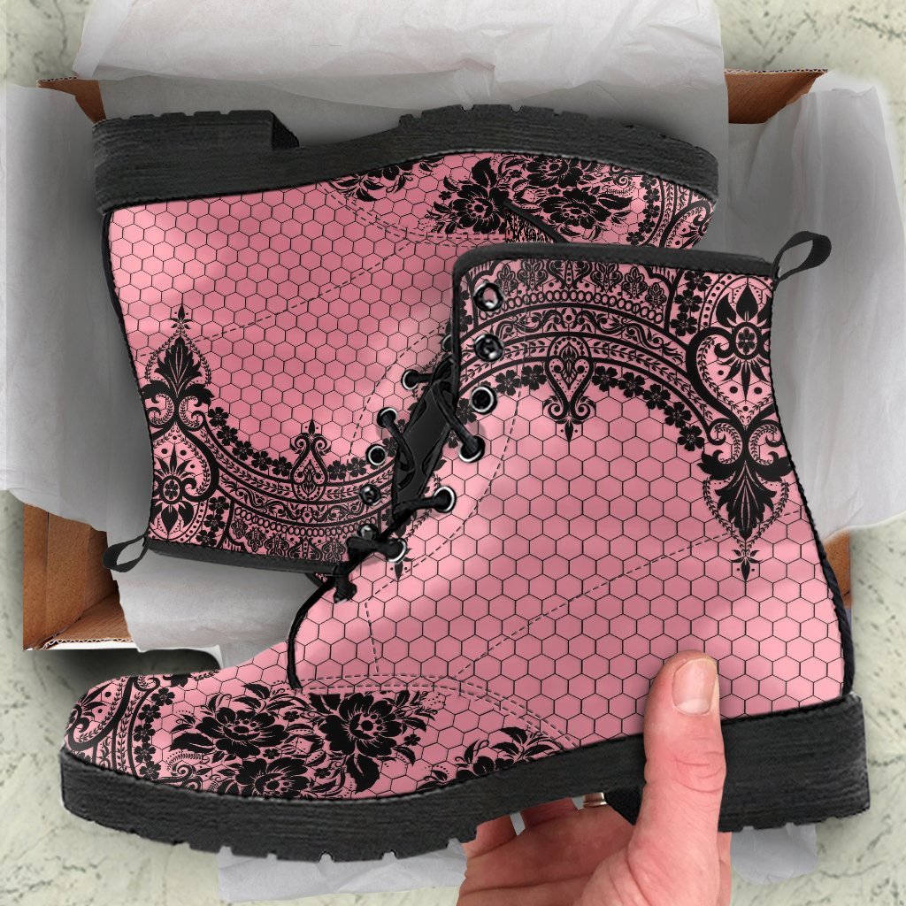 Pink Combat Boots-Gothic Lace Print 109 | ACES INFINITY