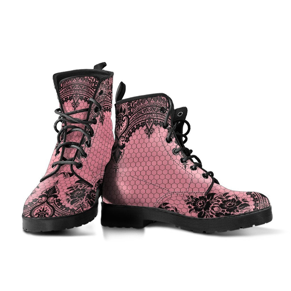 Pink Combat Boots-Gothic Lace Print 109 | ACES INFINITY