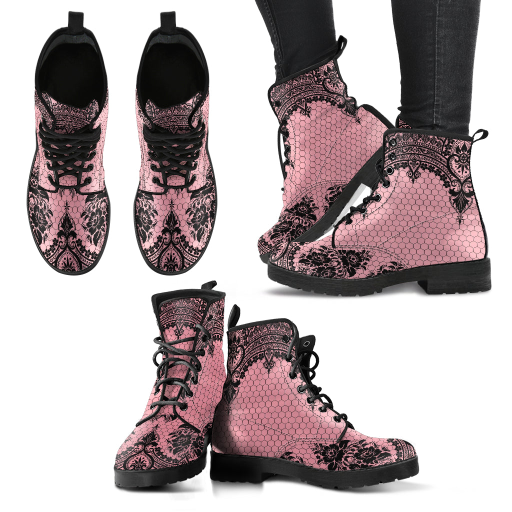 Pink Combat Boots - Gothic Lace Print 109 | Custom Shoes